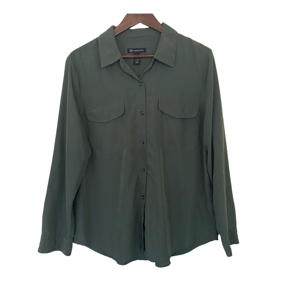 INC International Concepts Women Button Down XL Green Utility Long Sleeve Shirt